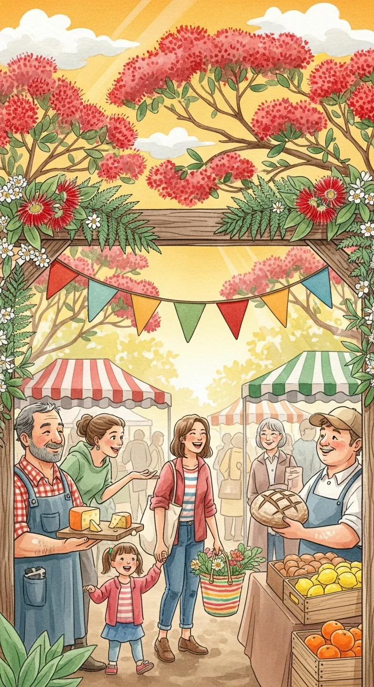 Stylised watercolour illustration of a New Zealand farmers market